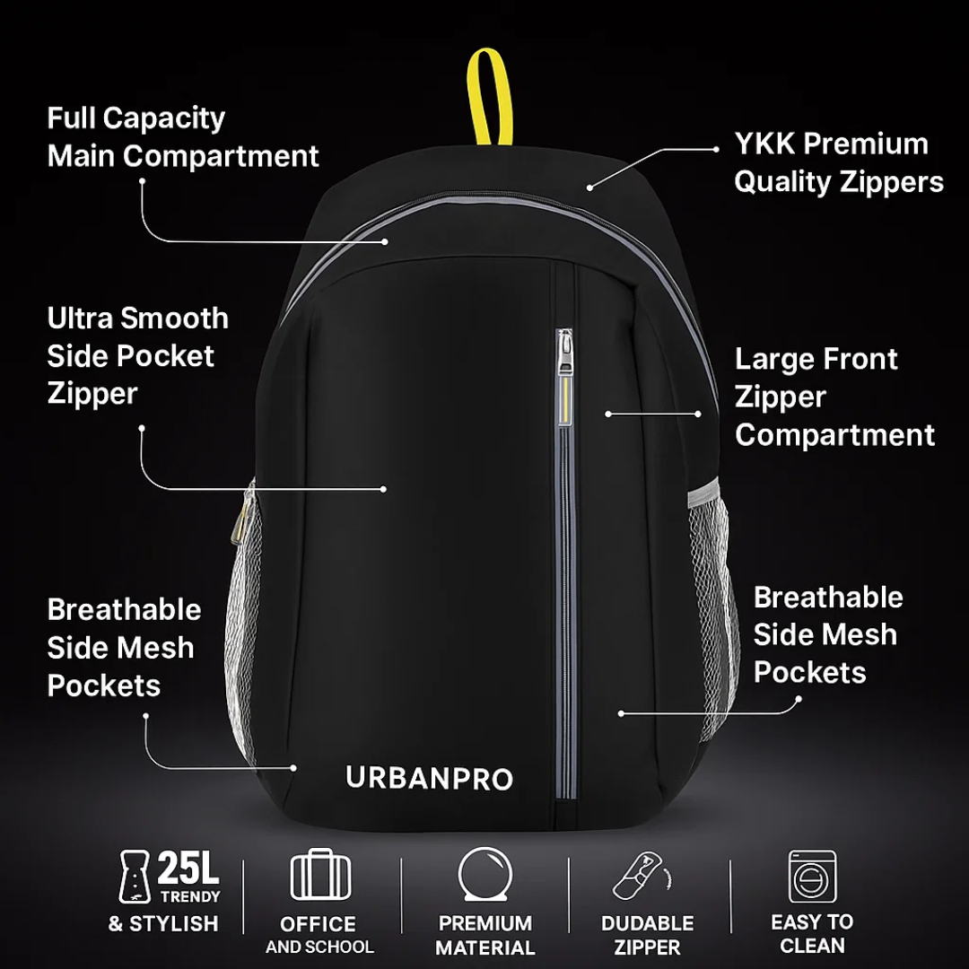 Urban Pro Motion 25L Daily Daypack | School, College & Office Backpack for Men & Women (Black)